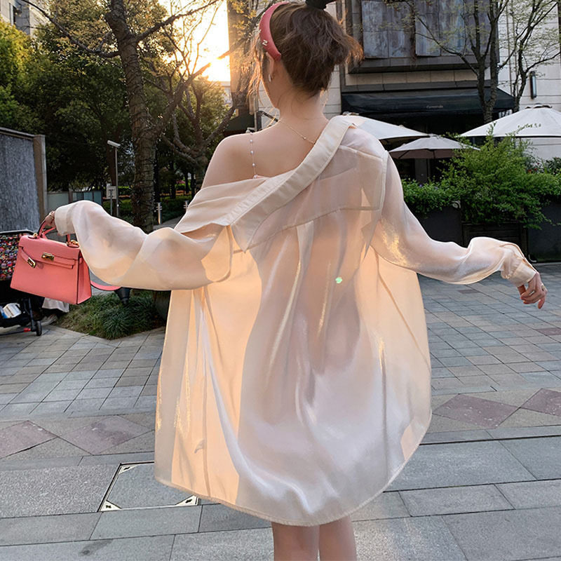 防晒衫女夏薄款中长款宽松慵懒风百搭长袖衬衫透气雪纺衬衣薄外套