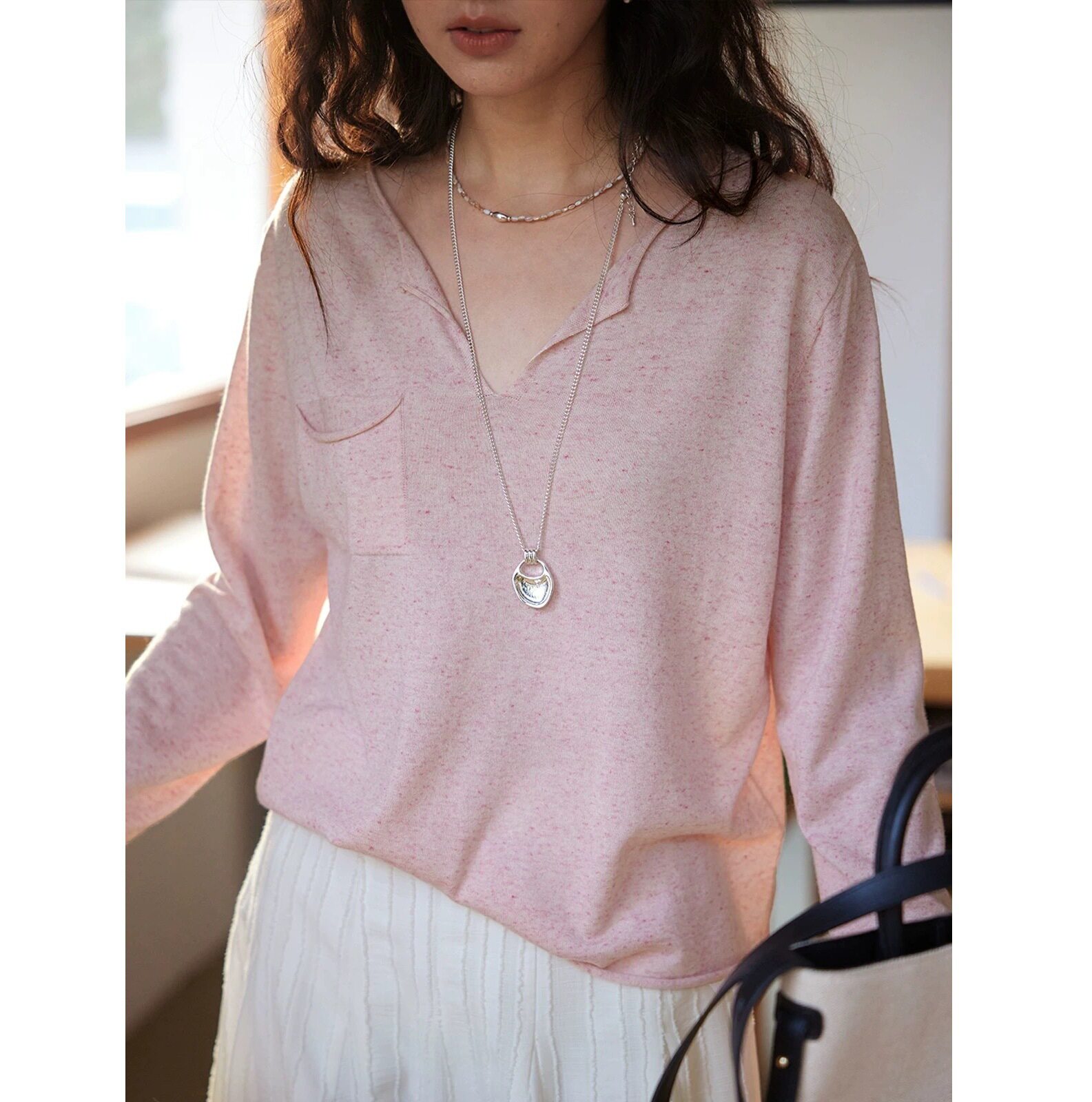 【新品9折】soligther法式羊毛亚麻v领长袖针织衫女春夏季