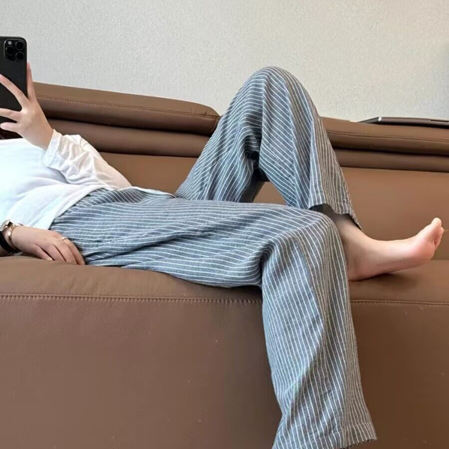 CHAO级！太舒服了~灰色条纹棉麻裤小个子薄款抽绳休闲长裤夏季