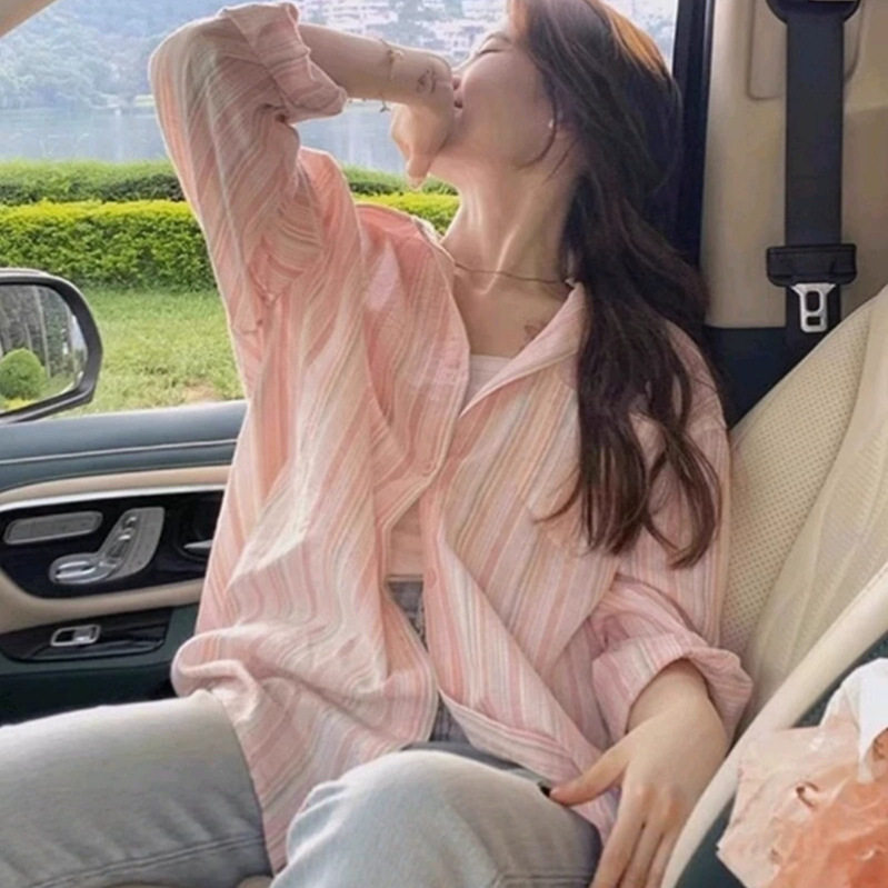 法式粉色竖条纹长袖衬衫外套女2026夏宽松百搭防晒上衣