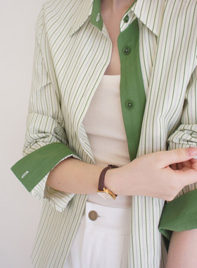 LOST AND FOUND 绿条纹色织撞色长袖通勤高织棉感衬衫 女宽松上衣