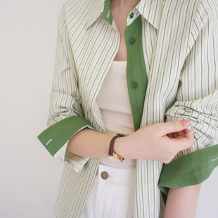 LOST AND FOUND 绿条纹色织撞色长袖通勤高织棉感衬衫 女宽松上衣