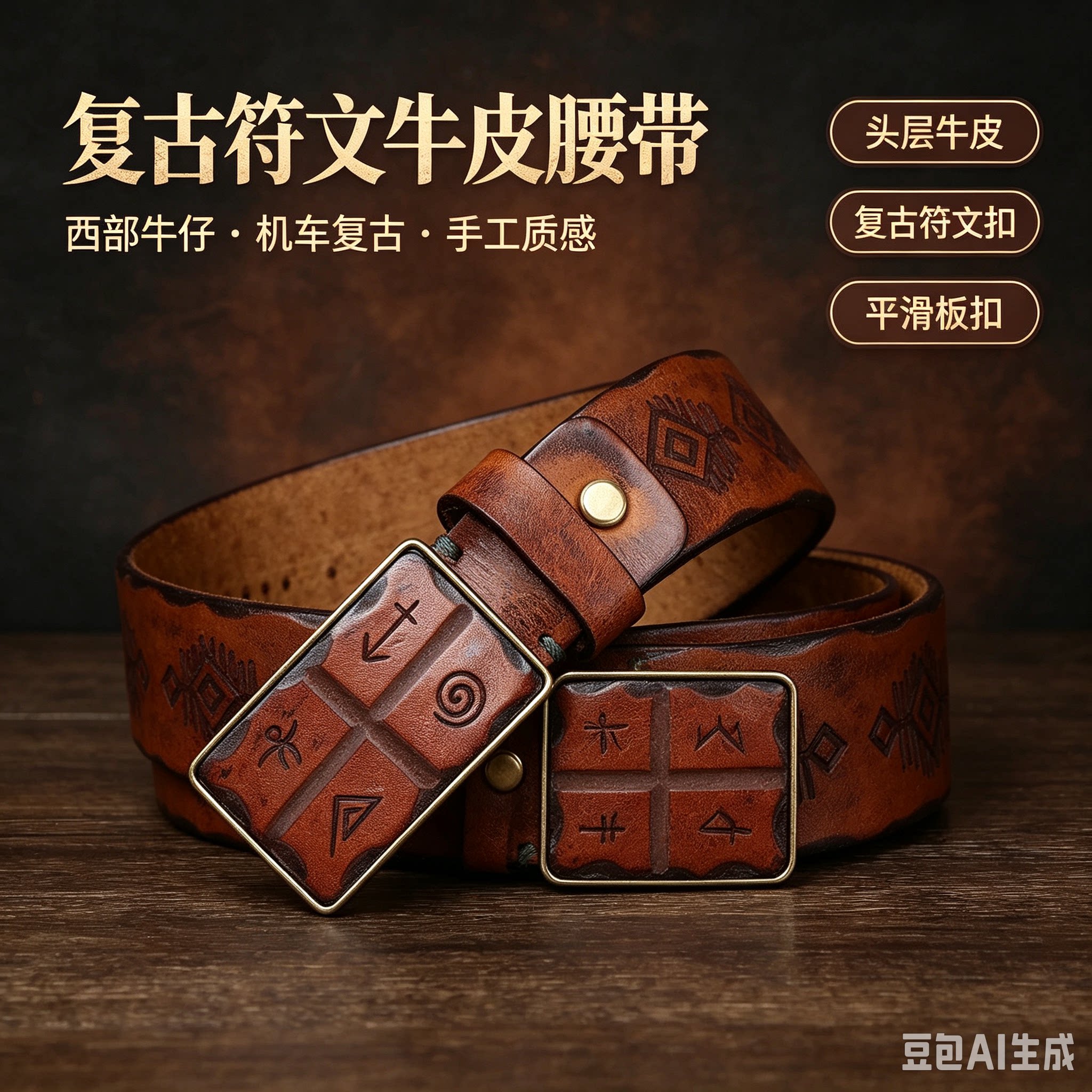 头层牛皮商务原创手工雕刻花纹平滑扣皮带男真皮纯牛皮牛仔腰带