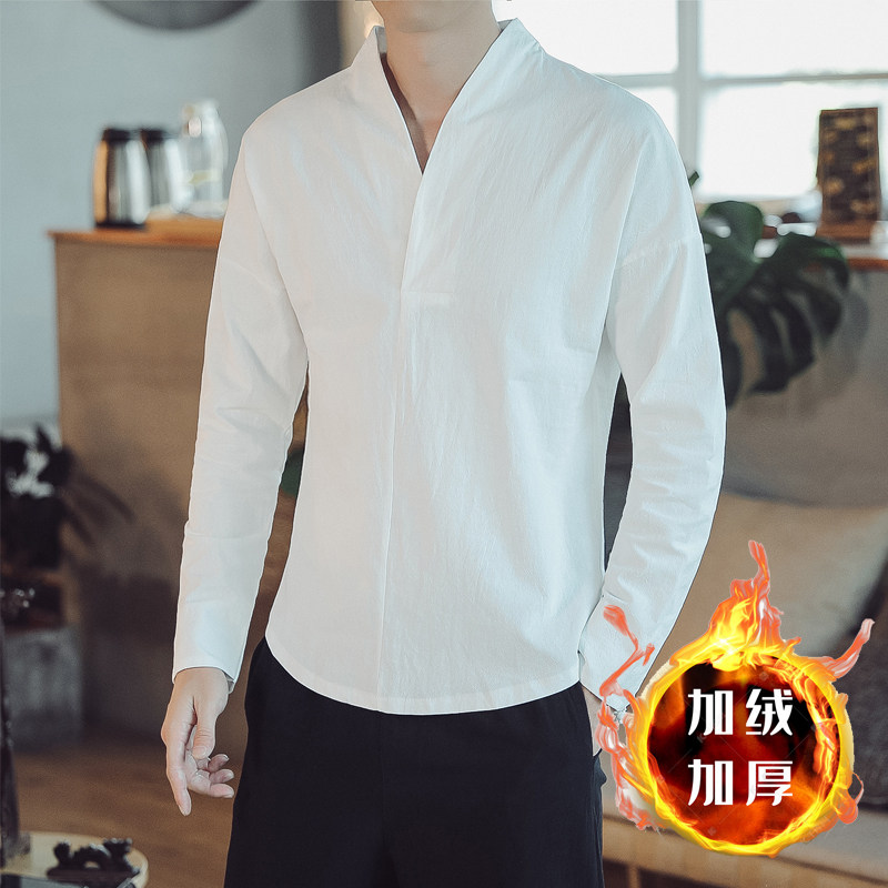 7030-P55秋冬8风汉服加绒加厚长袖T恤亚交叉领唐装男图片