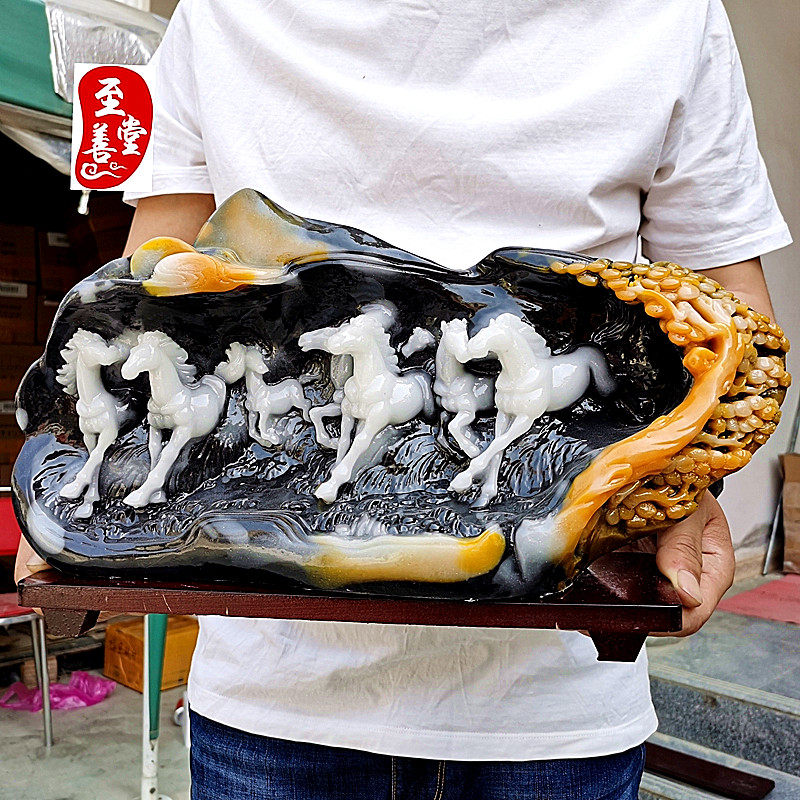 古玩收藏仿原石玉石寿山石雕八马八骏图大摆件客厅装饰品