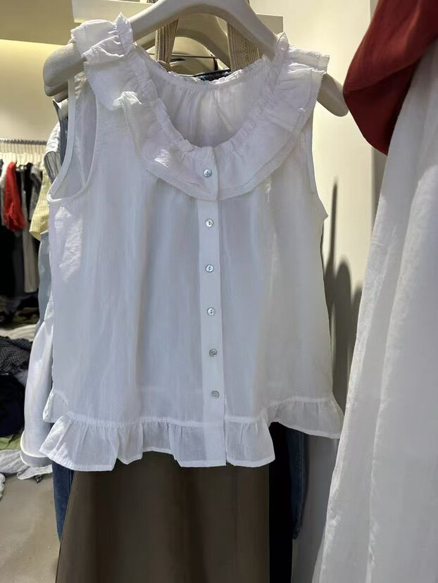 2025夏季新款甜美百搭木耳边减龄显瘦小衫女无袖花边下摆上衣