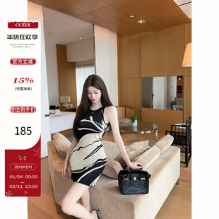 cczee 昼夜剪影 拼色设计感连衣裙女修身显瘦无袖短款吊带包臀裙