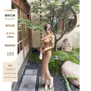 CCZEE 【玉色美人】袖套领带针织连衣裙女复古秋冬高腰修身包臀裙