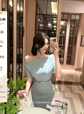 cczee 人间梦露 法式露肩连衣裙女收腰修身显瘦开叉中长款针织裙