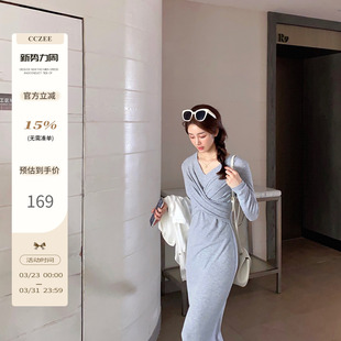 CCZEE 胸前交叉设计连衣裙收腰显瘦气质性感V领裙子女潮