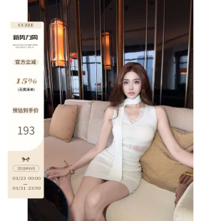 包臀裙 蕾丝拼接镂空领带连衣裙女高腰气质无袖 CCZEE 温妮小姐