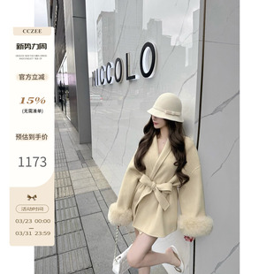 口狐狸毛系带大衣女冬氛围感中长款 袖 廓形外套 温莎千金 CCZEE