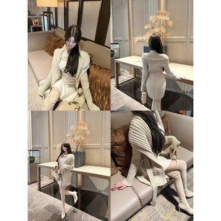 CCZEE 【冬夜协奏曲】大翻领系带针织开衫女秋冬中长款坑条外套