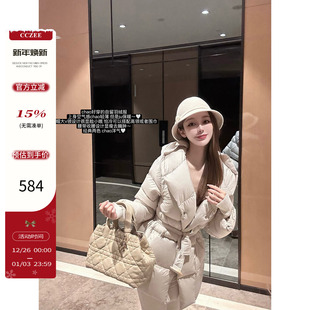 系带收腰羽绒服外套女 空气感保暖连帽中长款 CCZEE 雪花初融