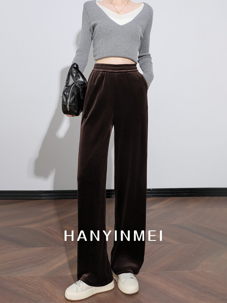 金丝绒阔腿裤女春季2025新款棕色高腰显瘦直筒裤黑色垂感休闲长裤