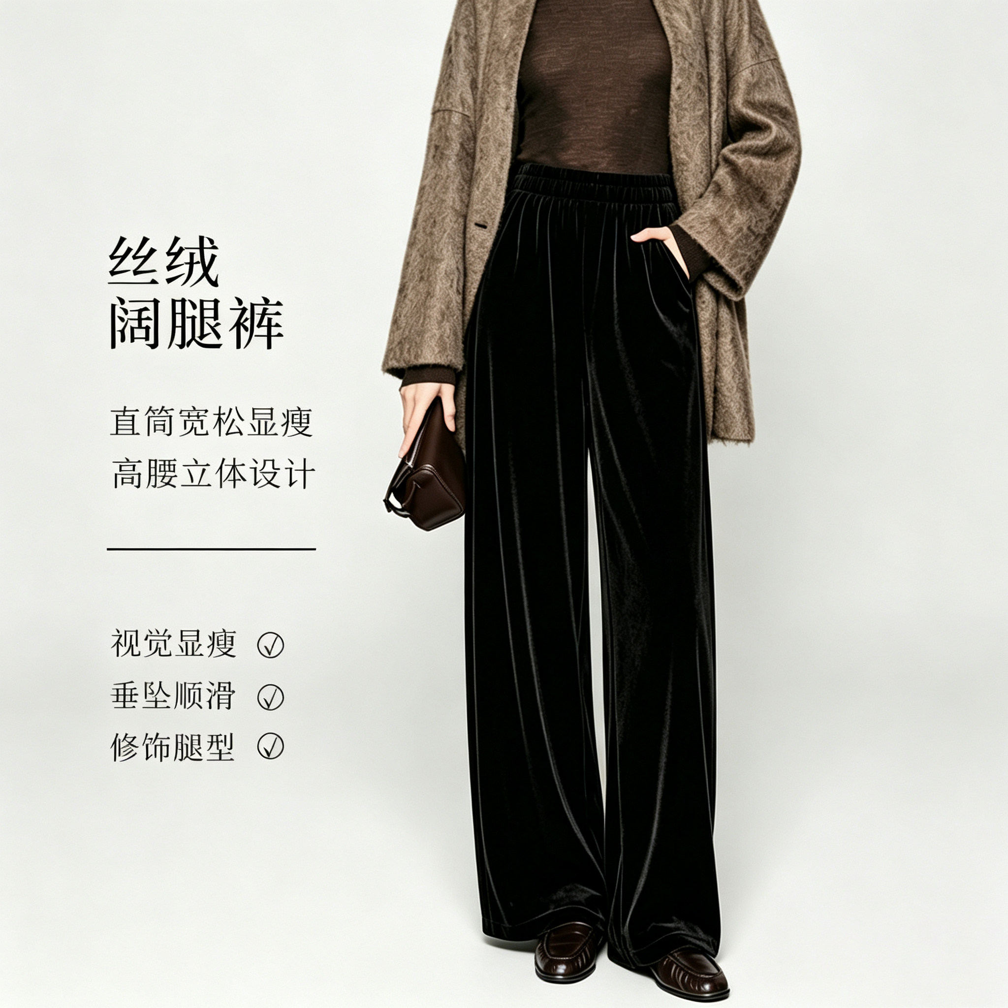 进口黑色金丝绒阔腿裤女2026秋季新款垂感丝绒裤子窄版显瘦直筒裤