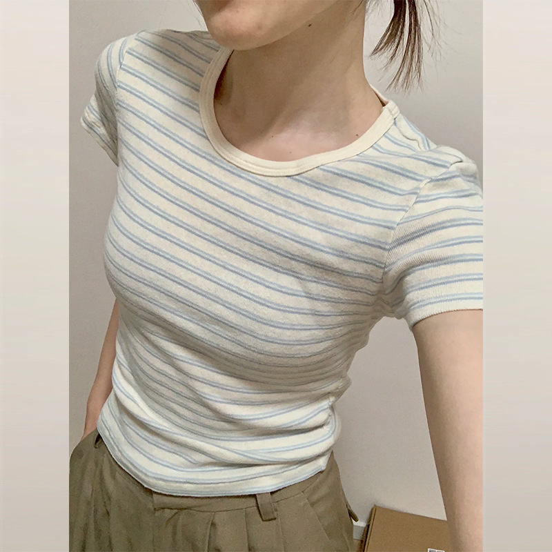 美式条纹正肩t恤女短袖2025夏季设计感撞色圆领纯棉紧身辣妹上衣