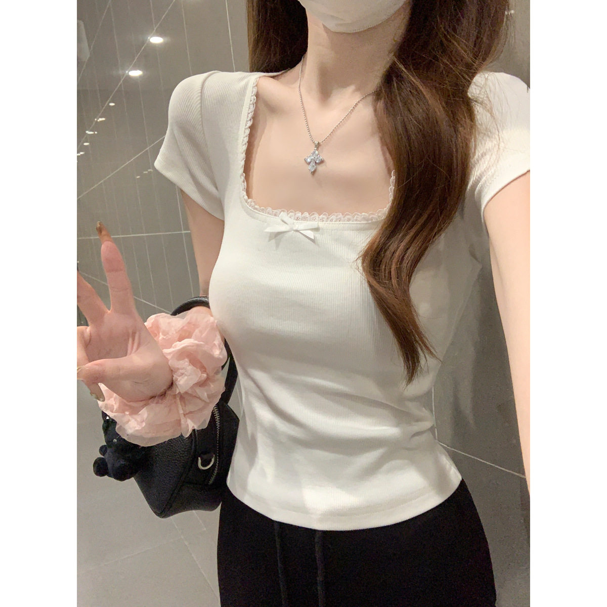 2025夏季韩版女装方领蕾丝边纯欲蝴蝶结百搭短袖T恤上衣