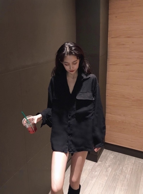 中长款黑色衬衫女春夏季薄款宽松慵懒风设计感小众上衣衬衣防晒衣