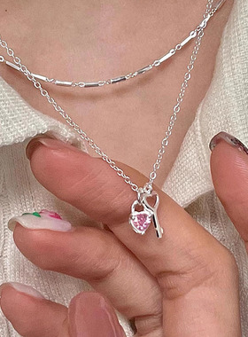 s925纯银粉色锆石爱心钥匙项链