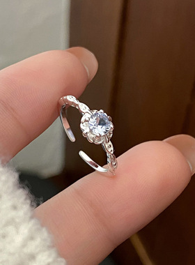 S999足银梦幻蓝锆花朵戒指女ins小众设计感指环简约气质时尚手饰