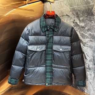 翻领羽绒棉服千鸟格拼接外套男冬季加厚休闲工装夹克潮牌保暖棉袄