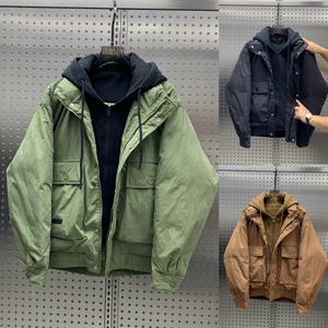 潮牌连帽工装白鸭绒羽绒服冬季新款日系大口袋时尚加厚保暖外套男