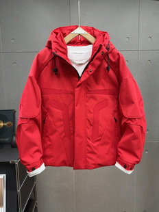 冬季户外工装连帽薄棉服红色外套潮牌男士美式休闲保暖加棉冲锋衣