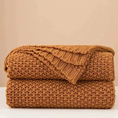 北欧风纯色桂花针针织毯子办公室空调午休毯毛线盖毯沙发休闲毛毯