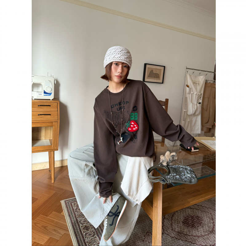 INSS美式复古圆领无帽卫衣女秋季