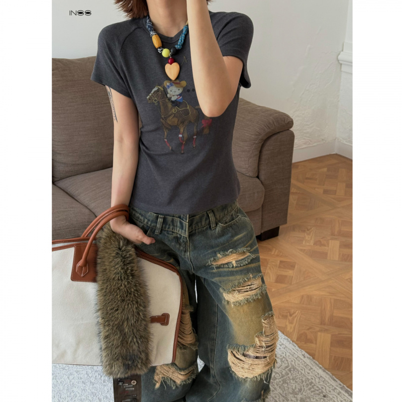INSS趣味KT卡通印花正肩t恤十三