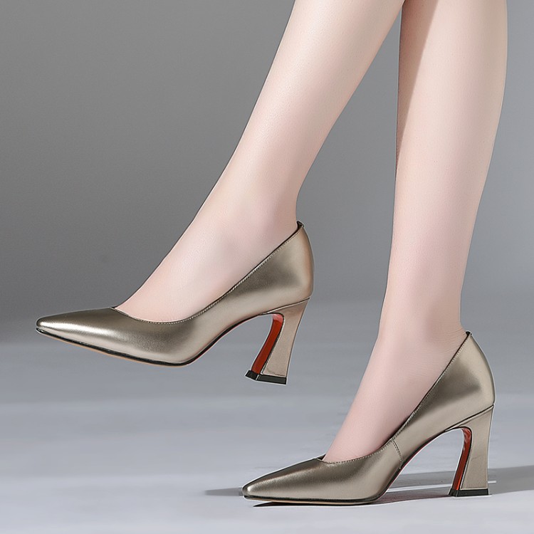 2019 Spring new pattern genuine leather High-heeled shoes With crude Tip Versatile The first layer cowhide sexy golden Shallow mouth Single shoesin the Women's Shoes, Low shoes  category - from Buy2taobao.com to provide professional Taobao agent buy service