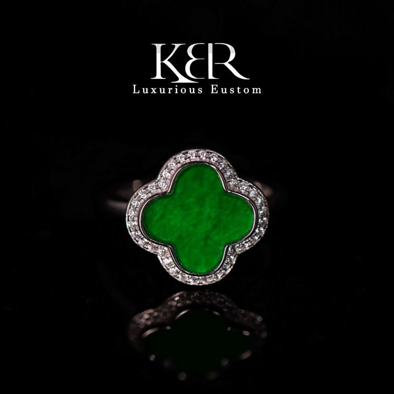 【宝藏珠宝】豪镶天然A货翡翠满绿四叶草戒指开口戒JJCYX0326010