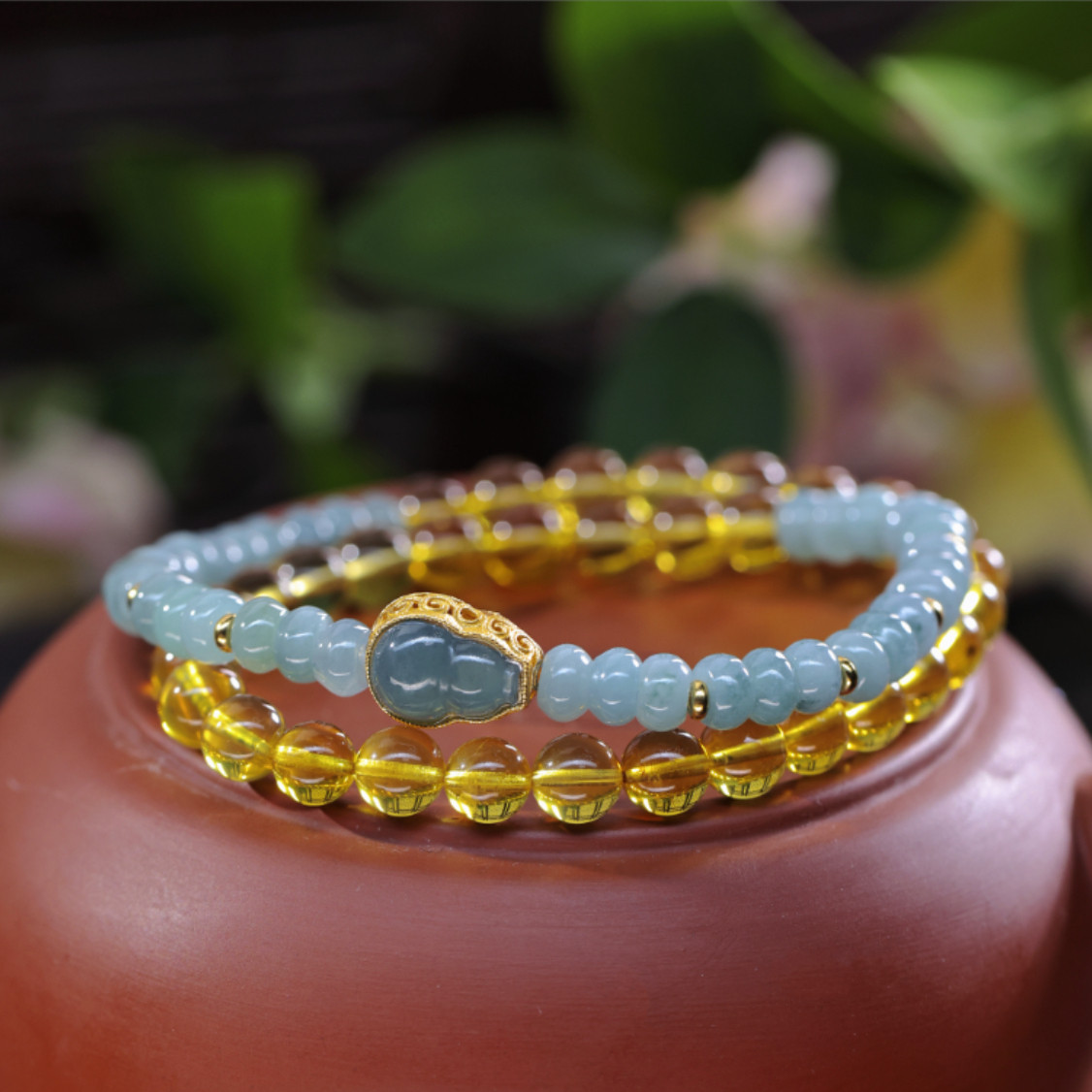 天然A货翡翠S925银蓝珀葫芦双圈手串简约 多样性发货 KBR0118001