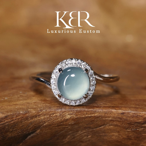 新款高定设计款天然A货翡翠高冰起光蛋面戒指开口戒KBR50620017