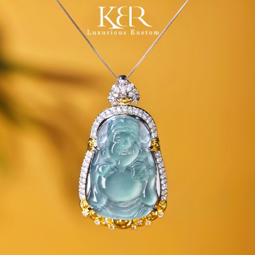 【宝藏珠宝】高定天然A货翡翠高冰蓝水财神佛公吊坠KBR50623007