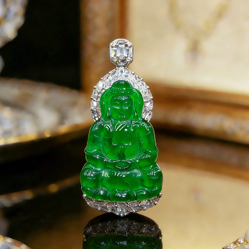 新款高级天然A货翡翠冰种满绿豪镶观音吊坠设计时尚款KBR51209001