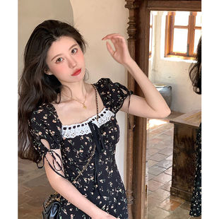 TC法式 小個子溫柔氣質收腰顯瘦初戀開叉 方領連衣裙女2025夏新款
