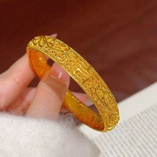 沙金饰品古法镂空花丝如意凤尾手镯女轻奢高级感仿真黄金闭口镯子