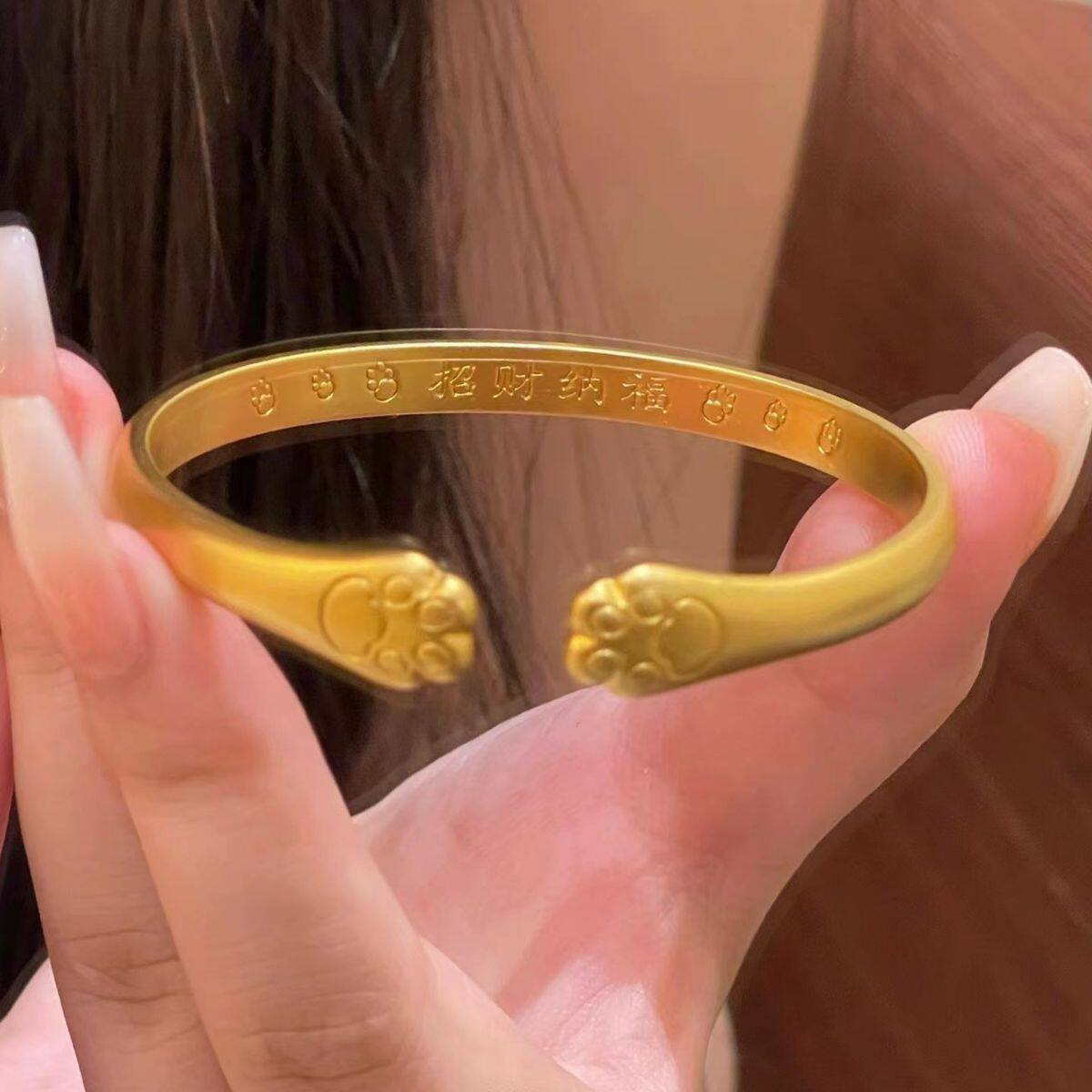金店同款沙金饰品精品珍珠镍猫爪手镯女士不掉色仿金镯子古法开口