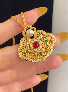 无注册商标镂空珍珠如意锁项链