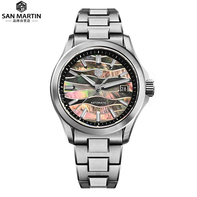 SanMartin新款SN0150军魂39mm贝母玑镂纹理休闲男士自动机械腕表