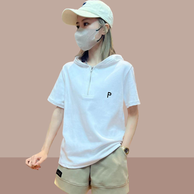 2024夏新款女士纯棉短袖t恤卫衣遮肚子连帽上衣大码女装洋气减龄