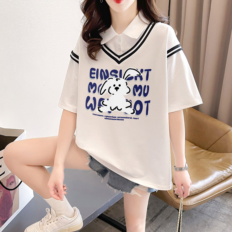 短袖T恤少女夏装2025新款初中高中学生学院风Polo领假两件上衣服