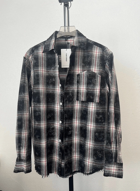 TIDESURGE  2024秋 美式复古水洗做旧格子拉丝破坏长袖衬衫