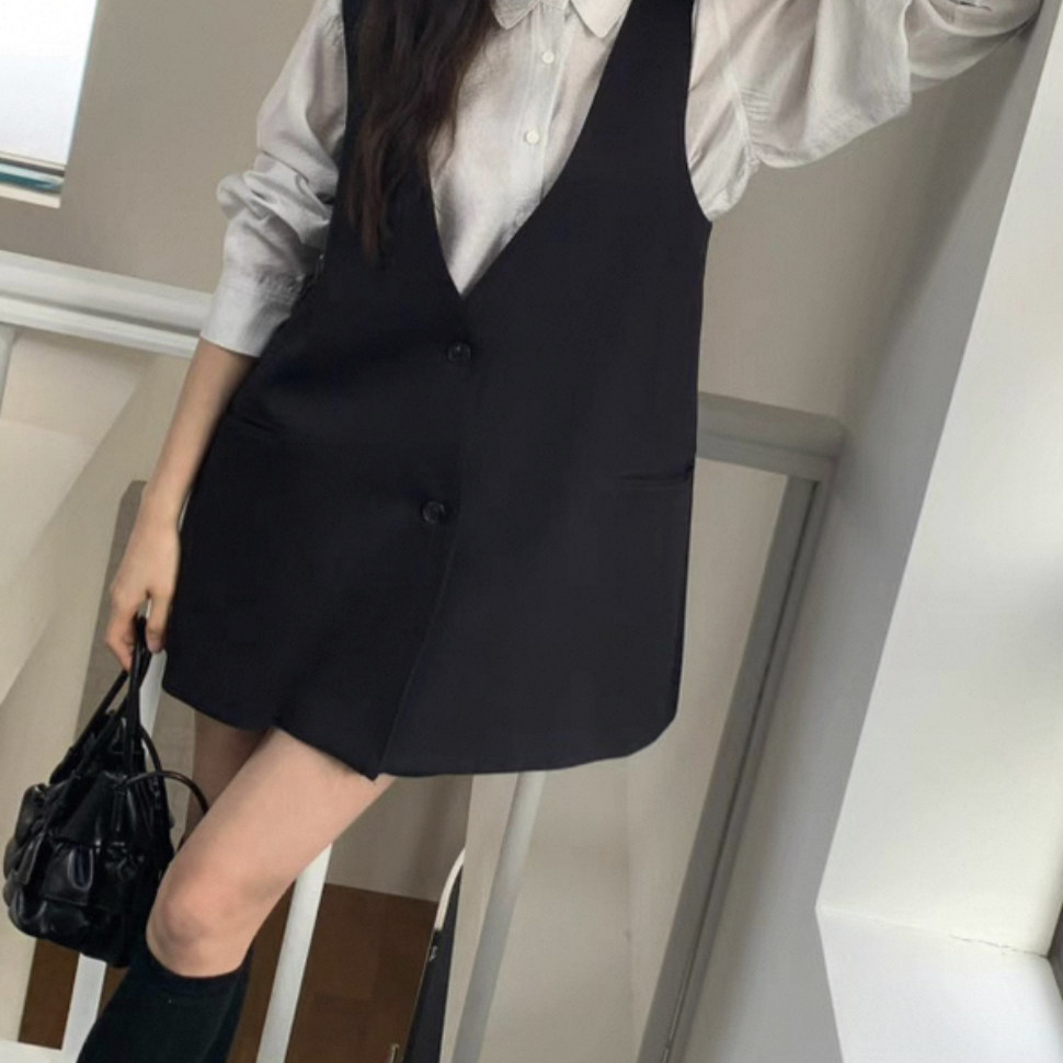 Anou春装新款V领百搭马甲裙