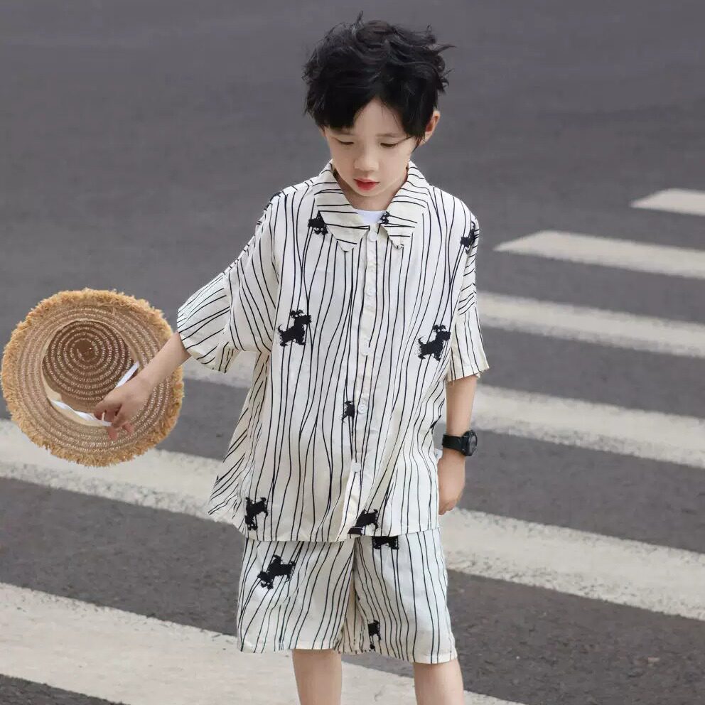 儿童休闲棉绸翻领衬衫天丝亲子套套装