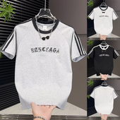 男士 个性 纯色圆领短袖 新款 字母印花体恤 夏季 条纹拼接撞色设计韩版