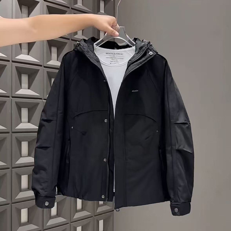 秋冬新款简约夹棉连帽外套男休闲防风冲锋衣潮流百搭青年痞帅夹克