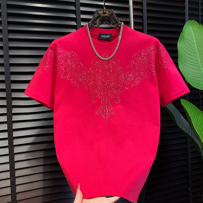 重磅冬季轻奢重工烫钻翅膀短袖T恤圆领百搭潮流圆领男士加厚半袖